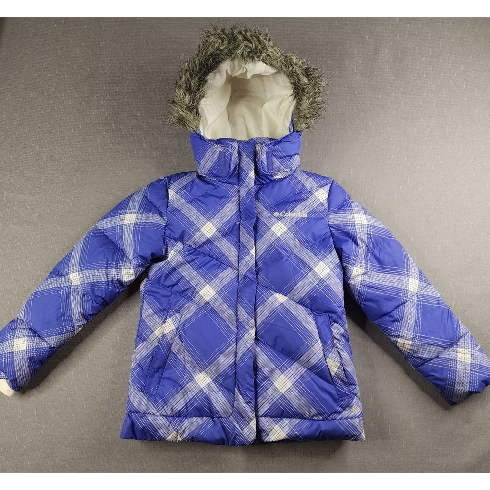 Columbia Kids Blue Plaid Down Puffer Jacket Detachable Hood Packable Size 7/8